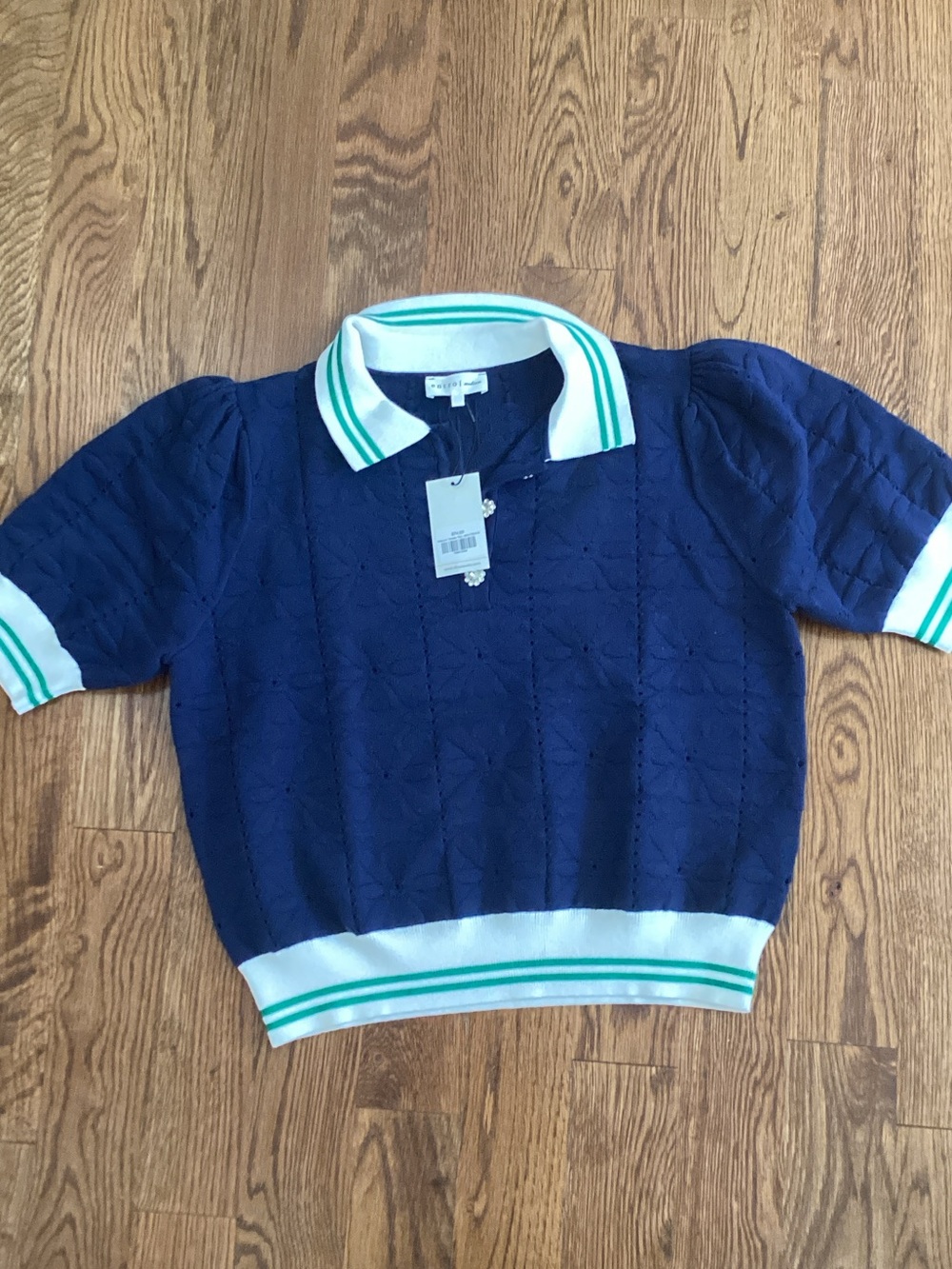 Navy Short-Sleeve Polo Sweater with White and Teal Trim